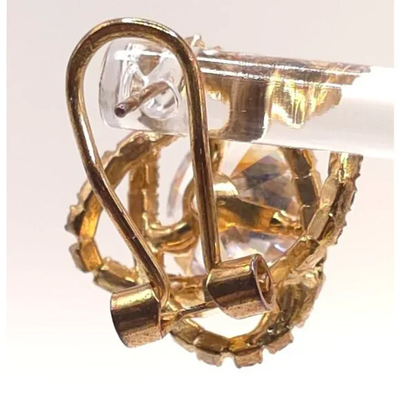 Vintage Gold-Tone Clip-On Earrings With Large Round Clear Rhinestones & Pave Set - Picture 7 of 8